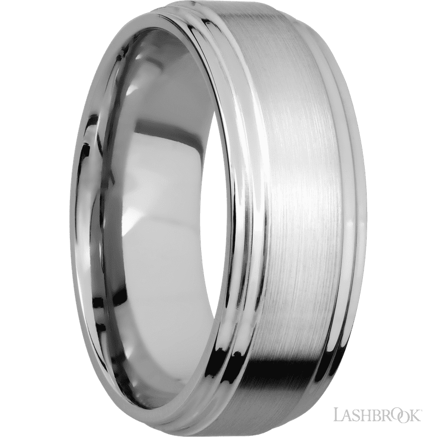 8 mm wide Flat Double Stepped Edges 14K White Gold band.