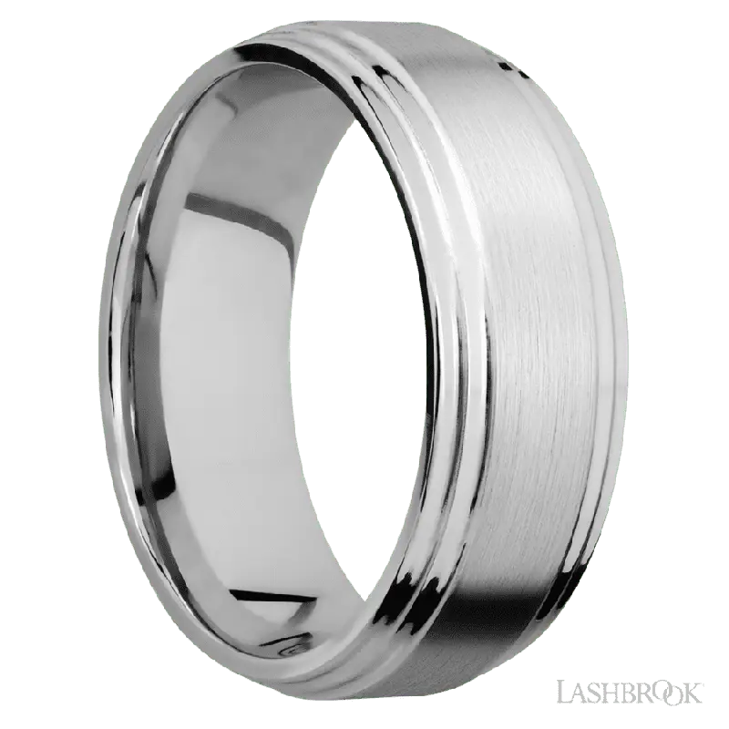 8 mm wide Flat Double Stepped Edges 14K White Gold band.
