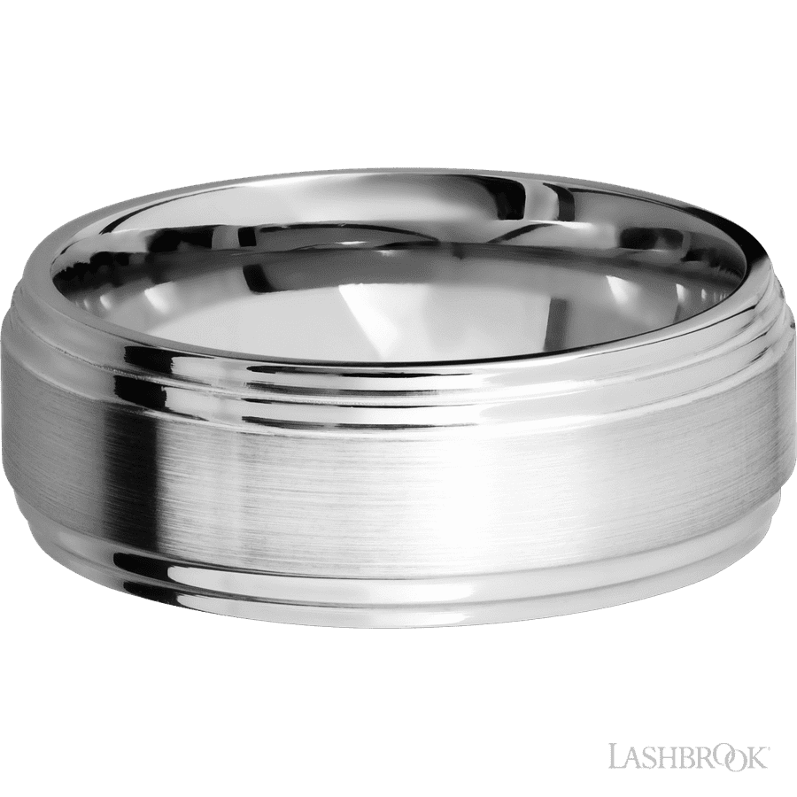 8 mm wide Flat Double Stepped Edges 14K White Gold band.