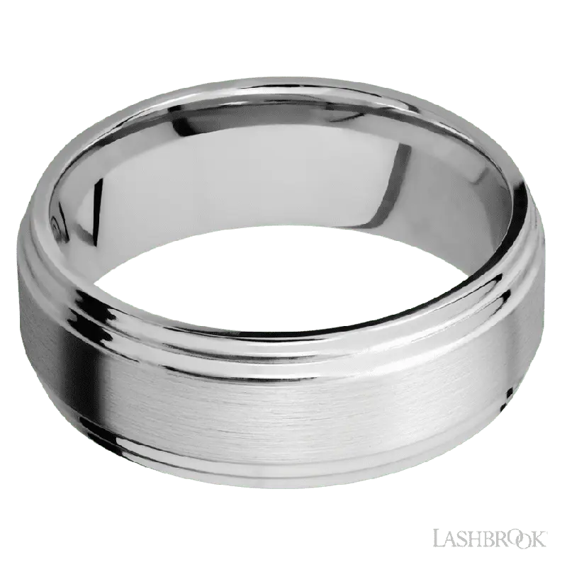 8 mm wide Flat Double Stepped Edges 14K White Gold band.