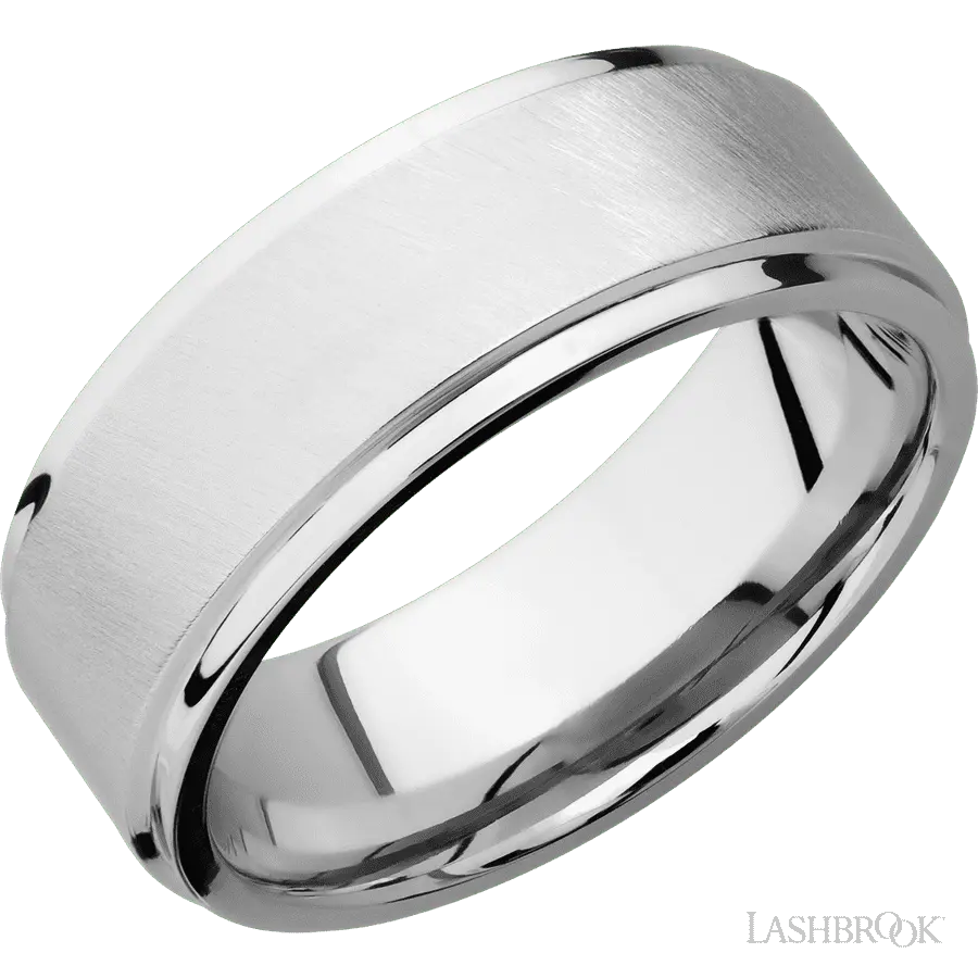 8 mm wide Flat Grooved Edges 14K White Gold band.