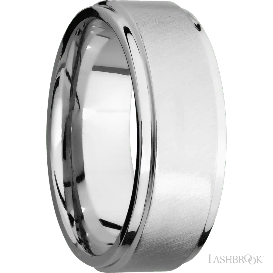 8 mm wide Flat Grooved Edges 14K White Gold band. Lashbrook