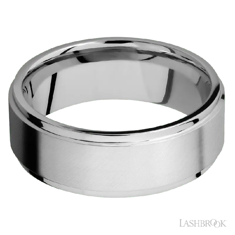 8 mm wide Flat Grooved Edges 14K White Gold band.