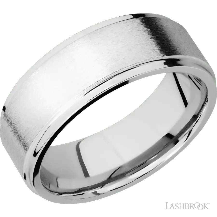 8 mm wide Flat Grooved Edges 14K White Gold band.