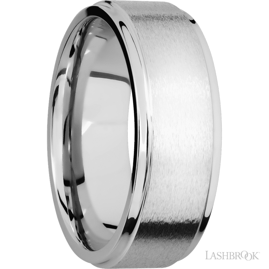 8 mm wide Flat Grooved Edges 14K White Gold band.