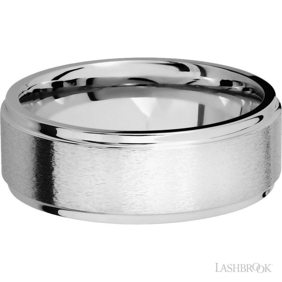 8 mm wide Flat Grooved Edges 14K White Gold band.