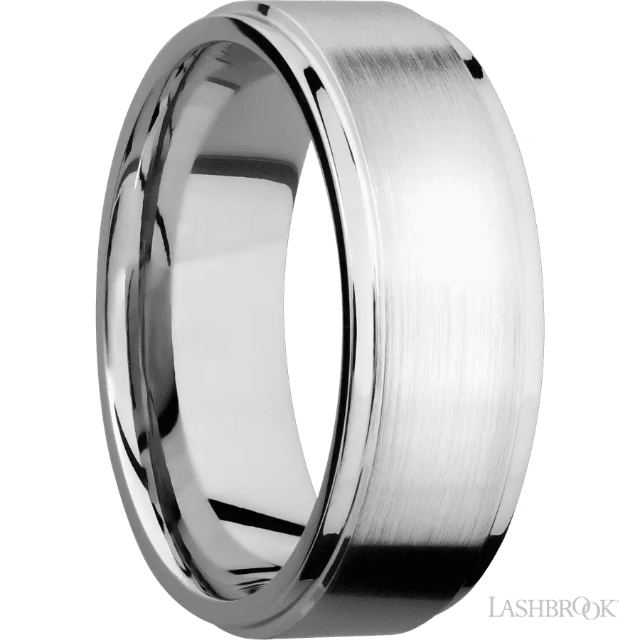8 mm wide Flat Grooved Edges 14K White Gold band. Lashbrook