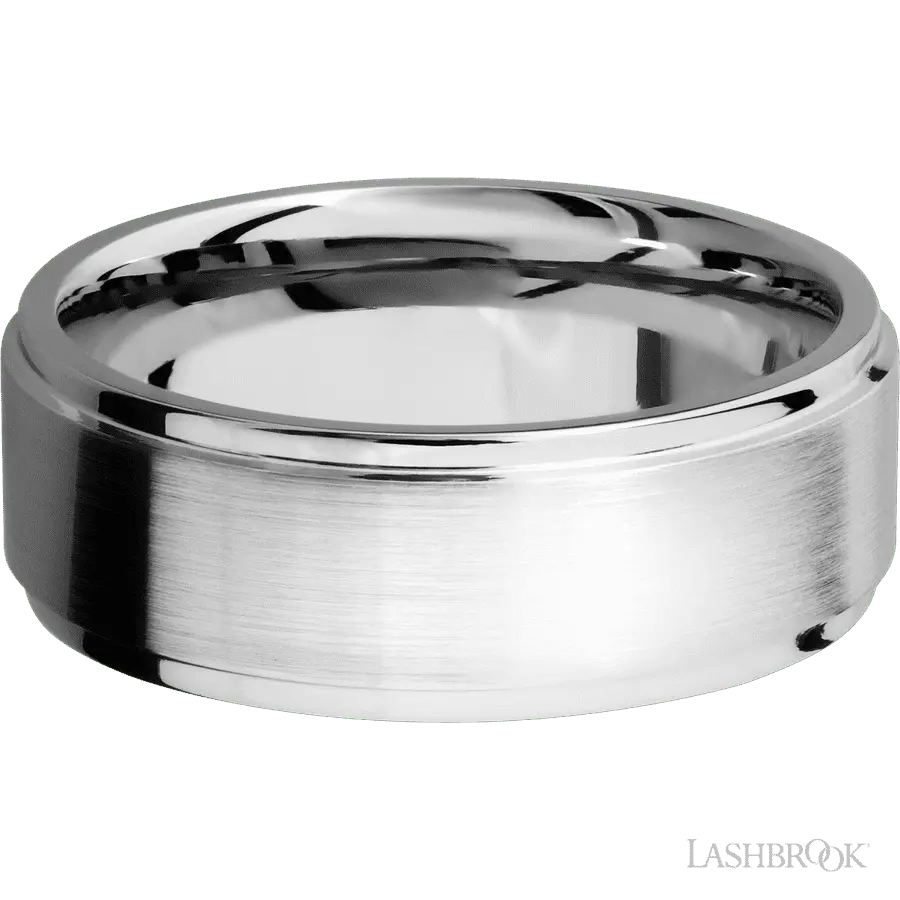 8 mm wide Flat Grooved Edges 14K White Gold band.