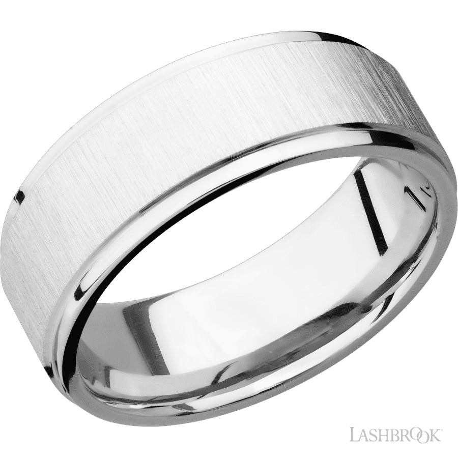 8 mm wide Flat Grooved Edges 14K White Gold band.