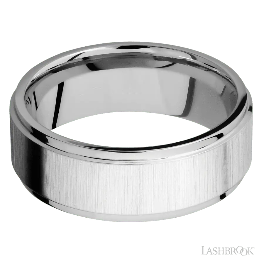 8 mm wide Flat Grooved Edges 14K White Gold band.