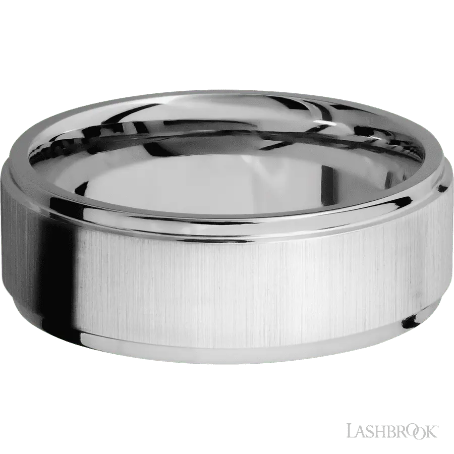 8 mm wide Flat Grooved Edges 14K White Gold band.