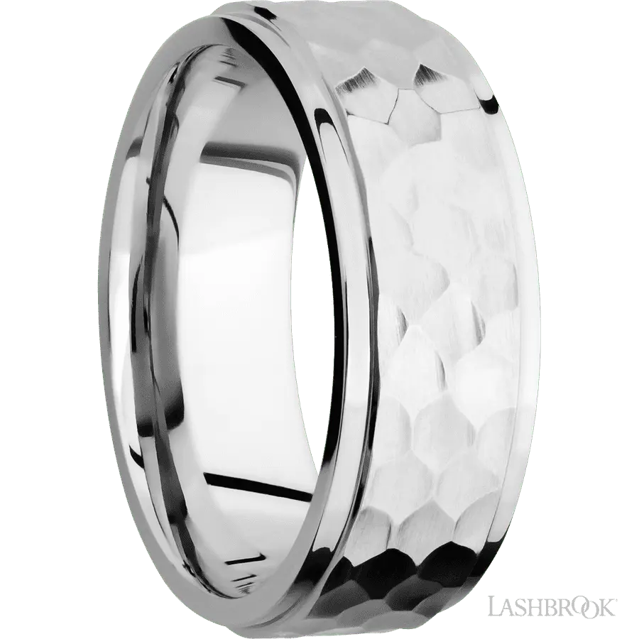 8 mm wide Flat Grooved Edges 14K White Gold band.
