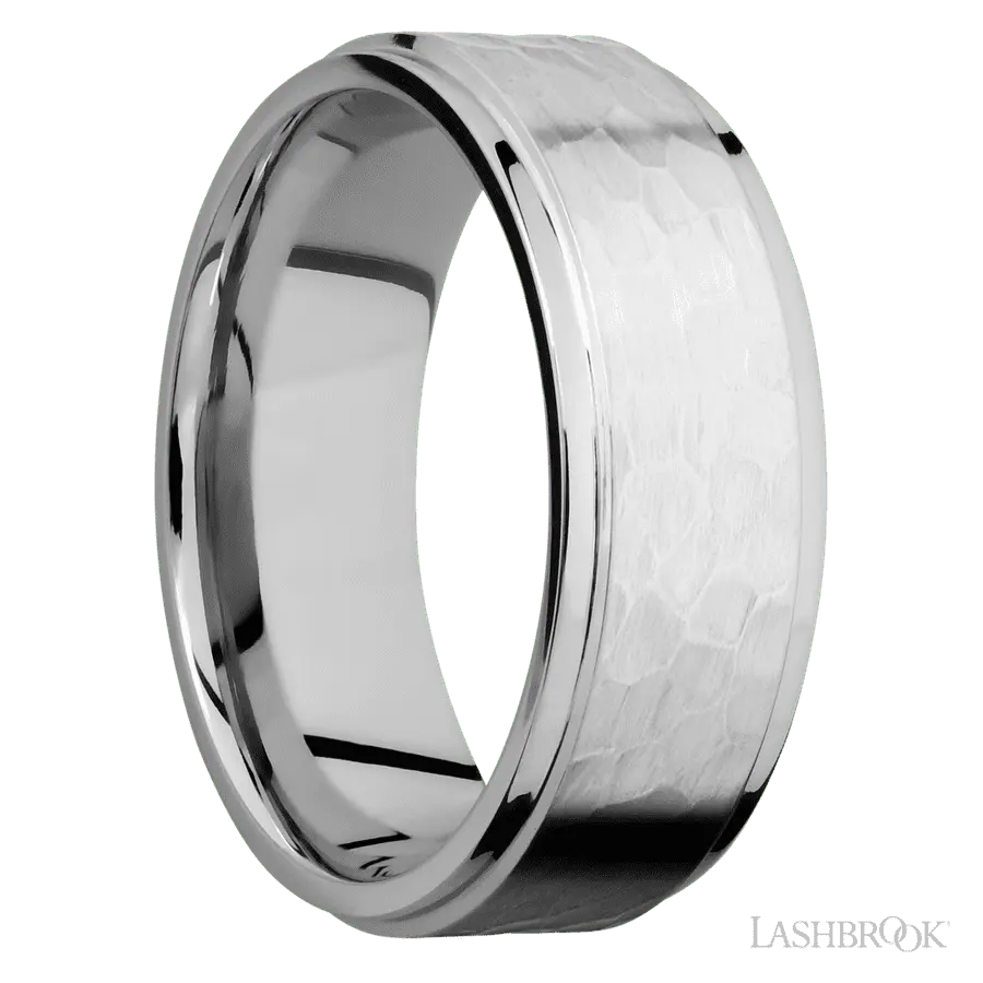8 mm wide Flat Grooved Edges 14K White Gold band.