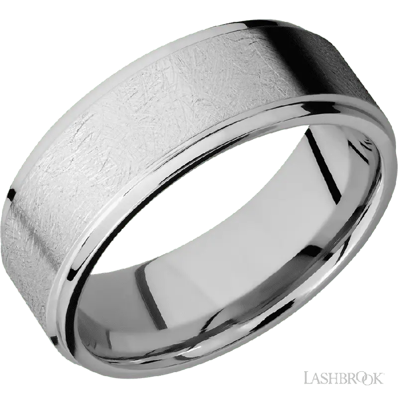8 mm wide Flat Grooved Edges 14K White Gold band.