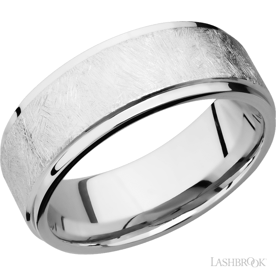 8 mm wide Flat Grooved Edges 14K White Gold band.