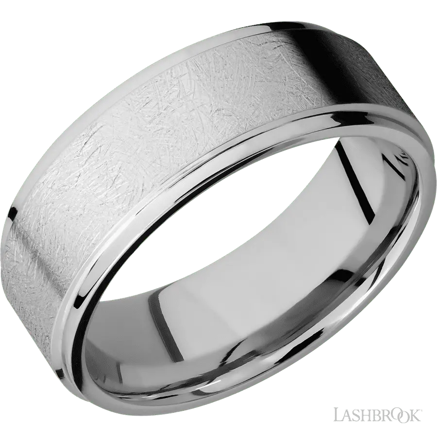 8 mm wide Flat Grooved Edges 14K White Gold band.