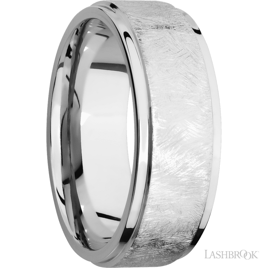 8 mm wide Flat Grooved Edges 14K White Gold band.