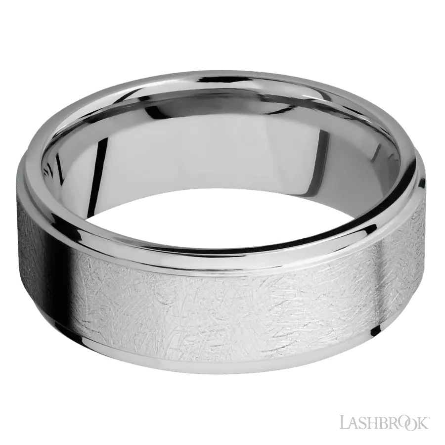 8 mm wide Flat Grooved Edges 14K White Gold band.