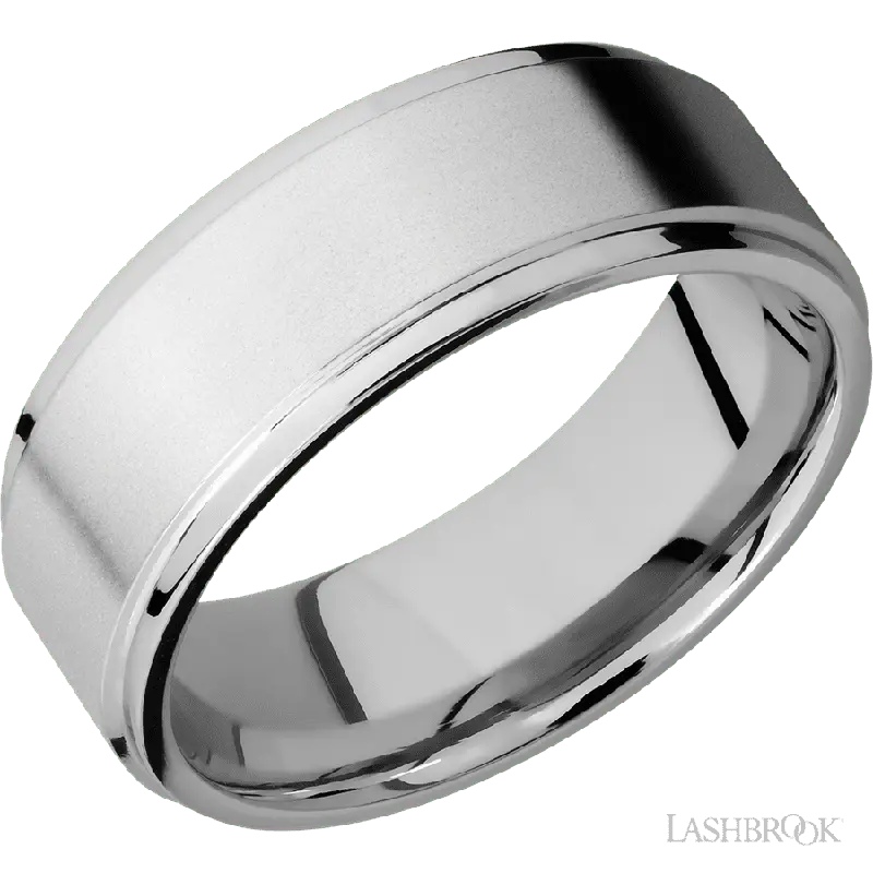 8 mm wide Flat Grooved Edges 14K White Gold band.