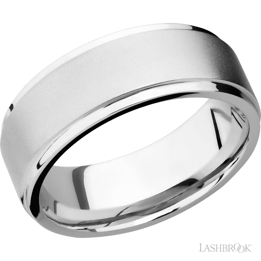 8 mm wide Flat Grooved Edges 14K White Gold band.
