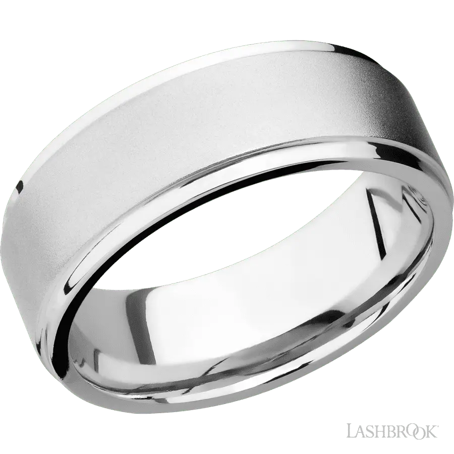 8 mm wide Flat Grooved Edges 14K White Gold band. Lashbrook