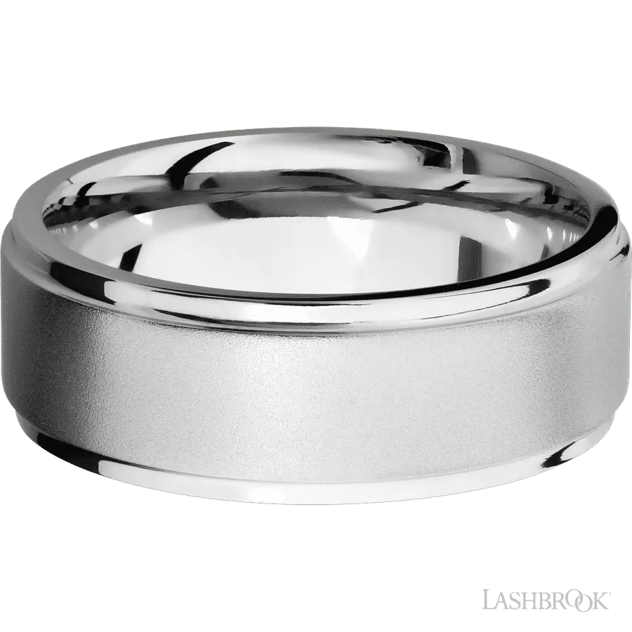 8 mm wide Flat Grooved Edges 14K White Gold band. Lashbrook