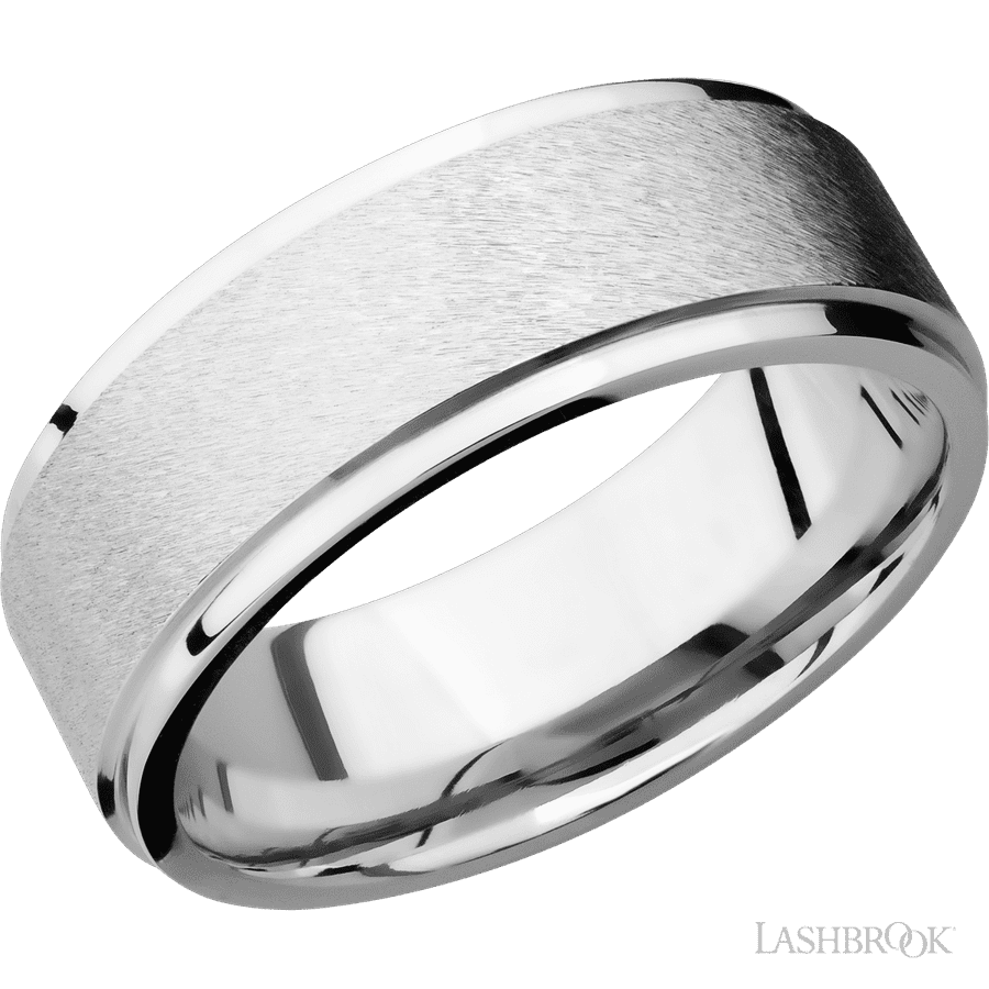 8 mm wide Flat Grooved Edges 14K White Gold band.