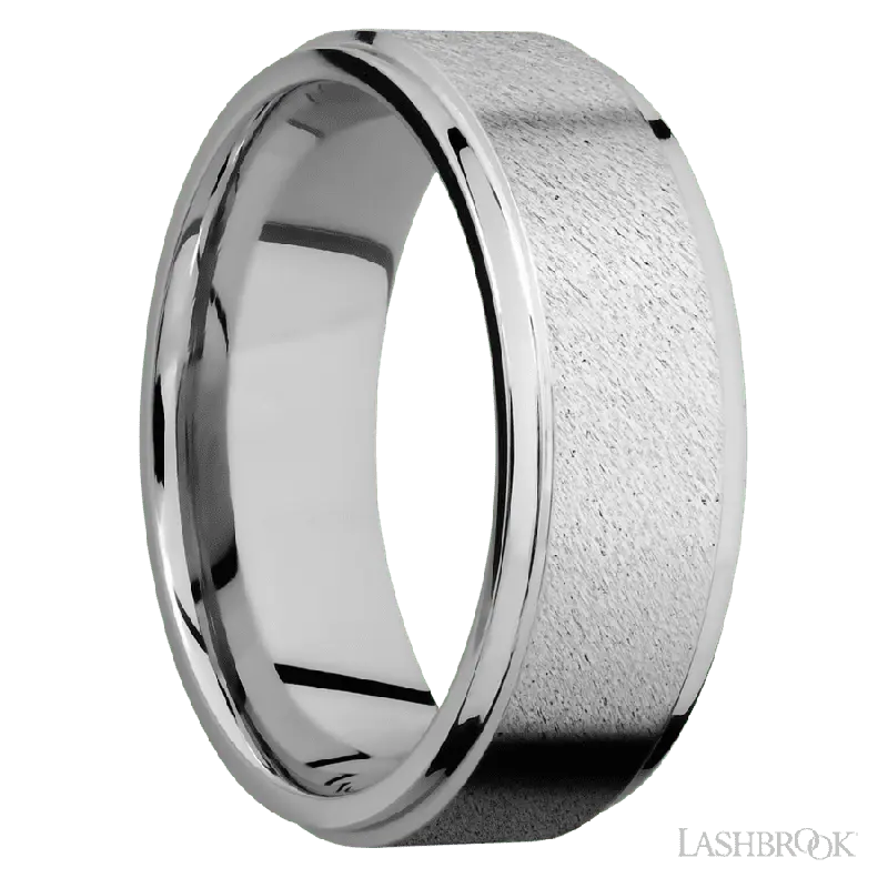 8 mm wide Flat Grooved Edges 14K White Gold band.