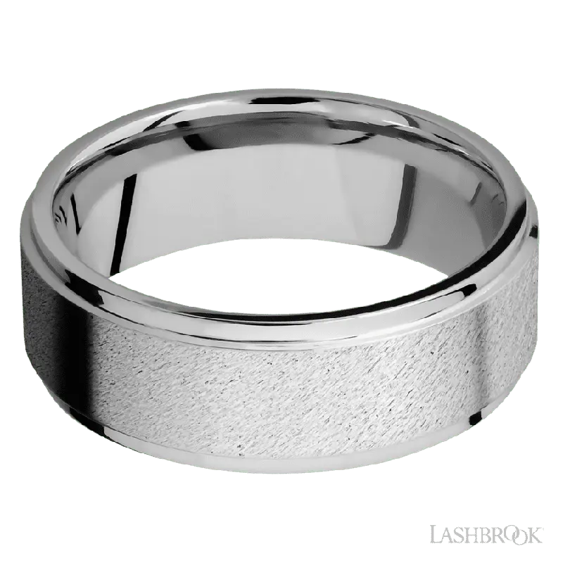 8 mm wide Flat Grooved Edges 14K White Gold band.