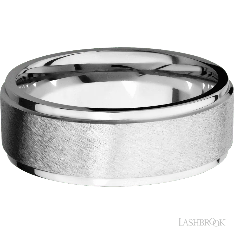 8 mm wide Flat Grooved Edges 14K White Gold band.