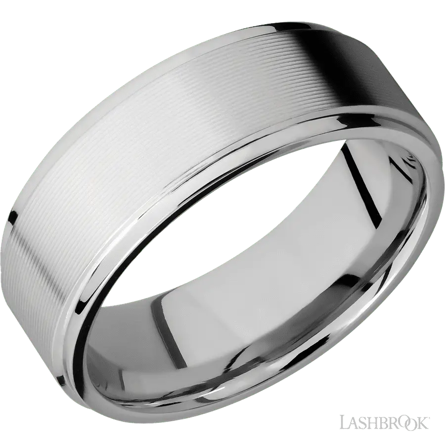 8 mm wide Flat Grooved Edges 14K White Gold band.