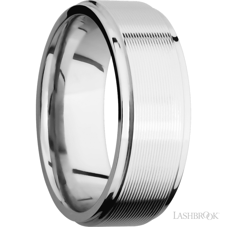8 mm wide Flat Grooved Edges 14K White Gold band.