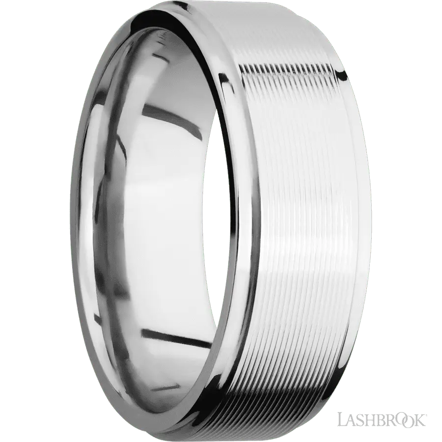 8 mm wide Flat Grooved Edges 14K White Gold band. Lashbrook