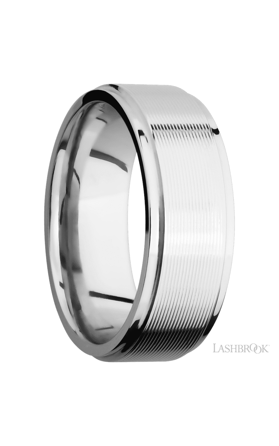 8 mm wide Flat Grooved Edges 14K White Gold band.
