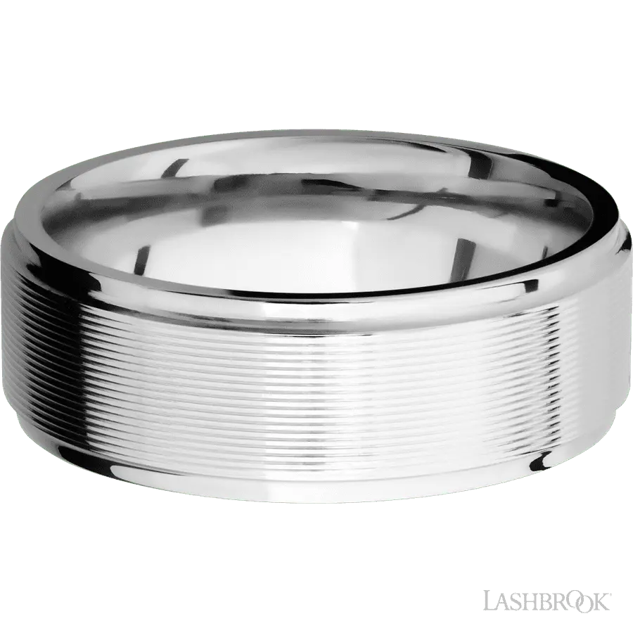 8 mm wide Flat Grooved Edges 14K White Gold band. Lashbrook
