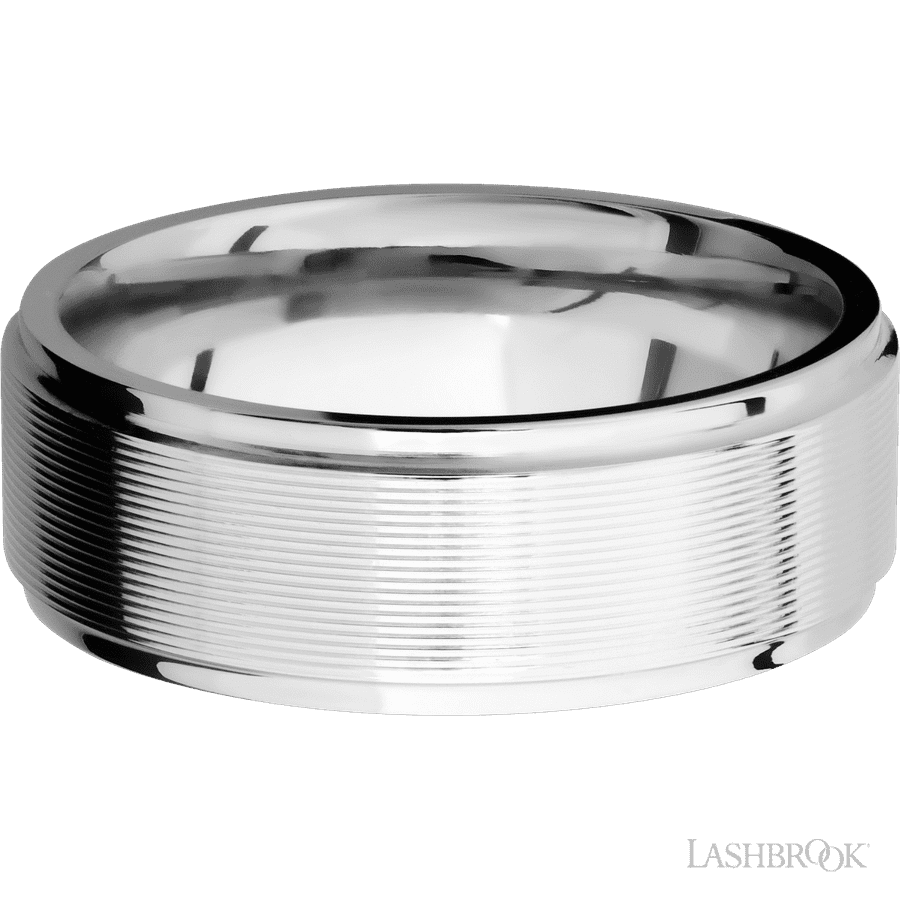 8 mm wide Flat Grooved Edges 14K White Gold band.