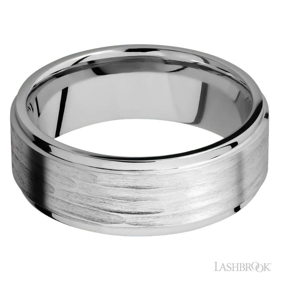 8 mm wide Flat Grooved Edges 14K White Gold band.