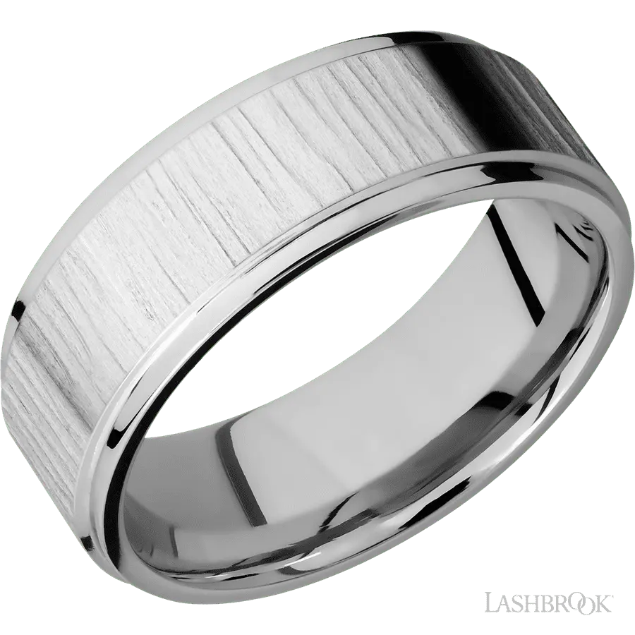 8 mm wide Flat Grooved Edges 14K White Gold band.