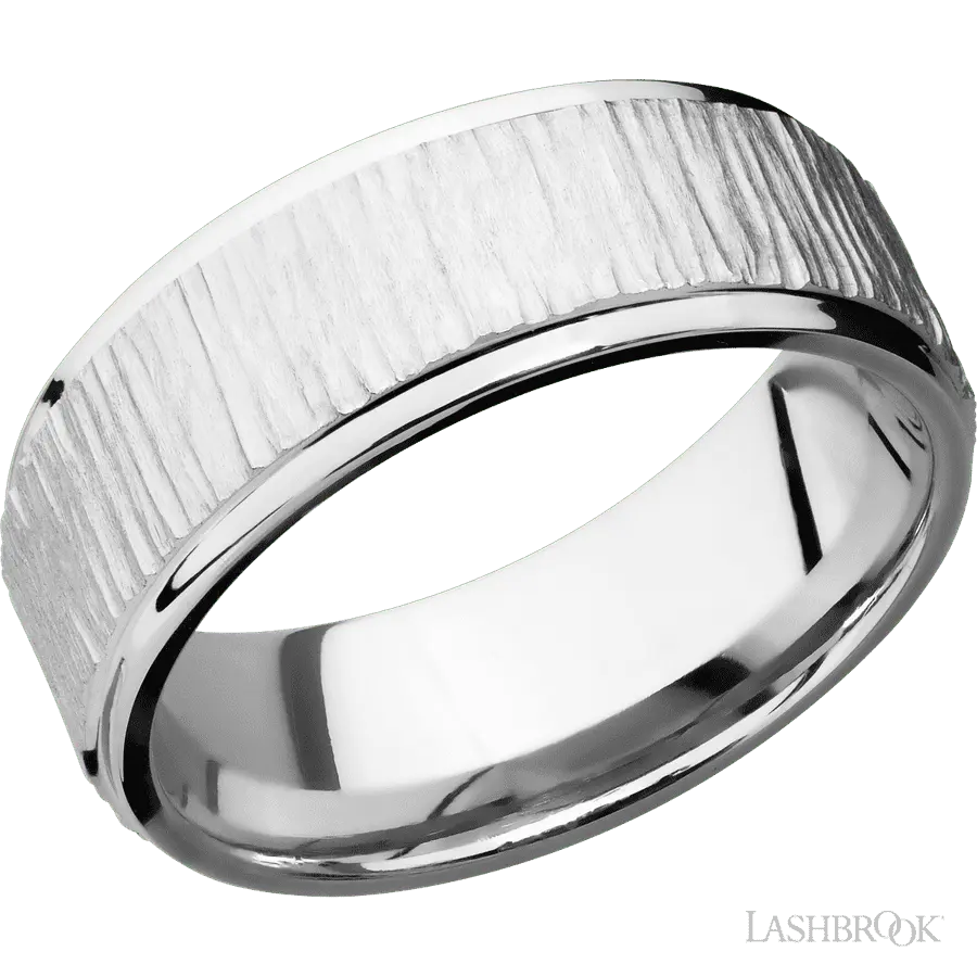 8 mm wide Flat Grooved Edges 14K White Gold band.
