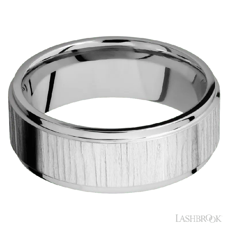 8 mm wide Flat Grooved Edges 14K White Gold band.