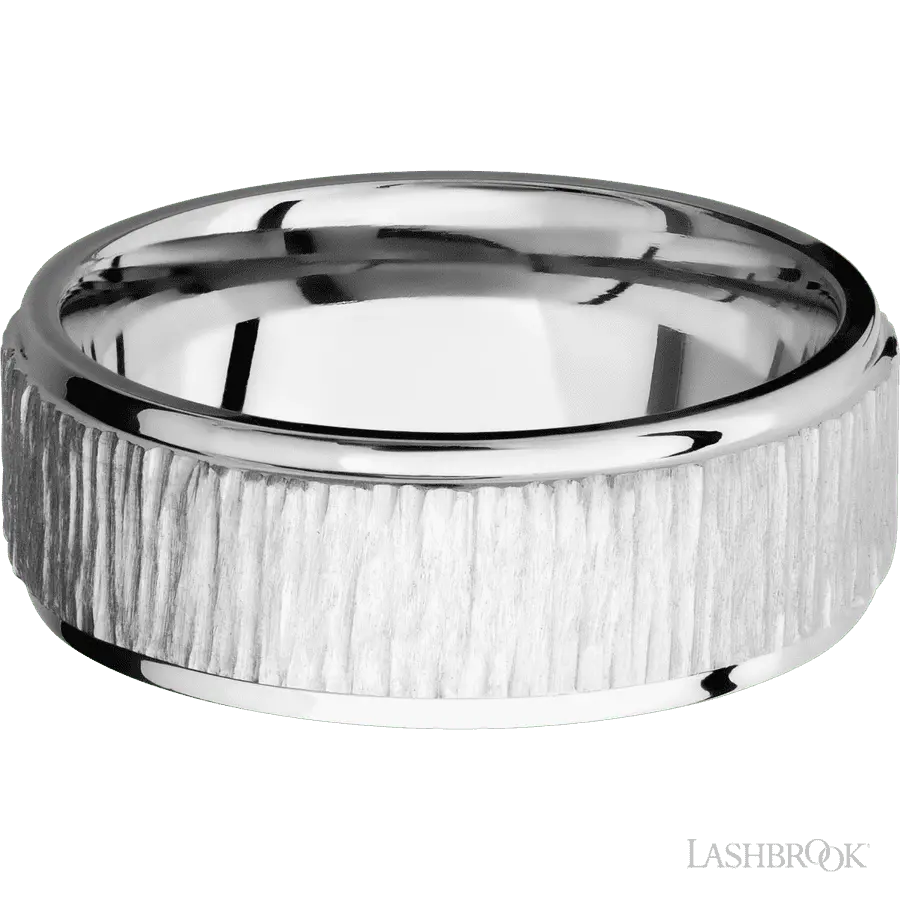 8 mm wide Flat Grooved Edges 14K White Gold band. Lashbrook