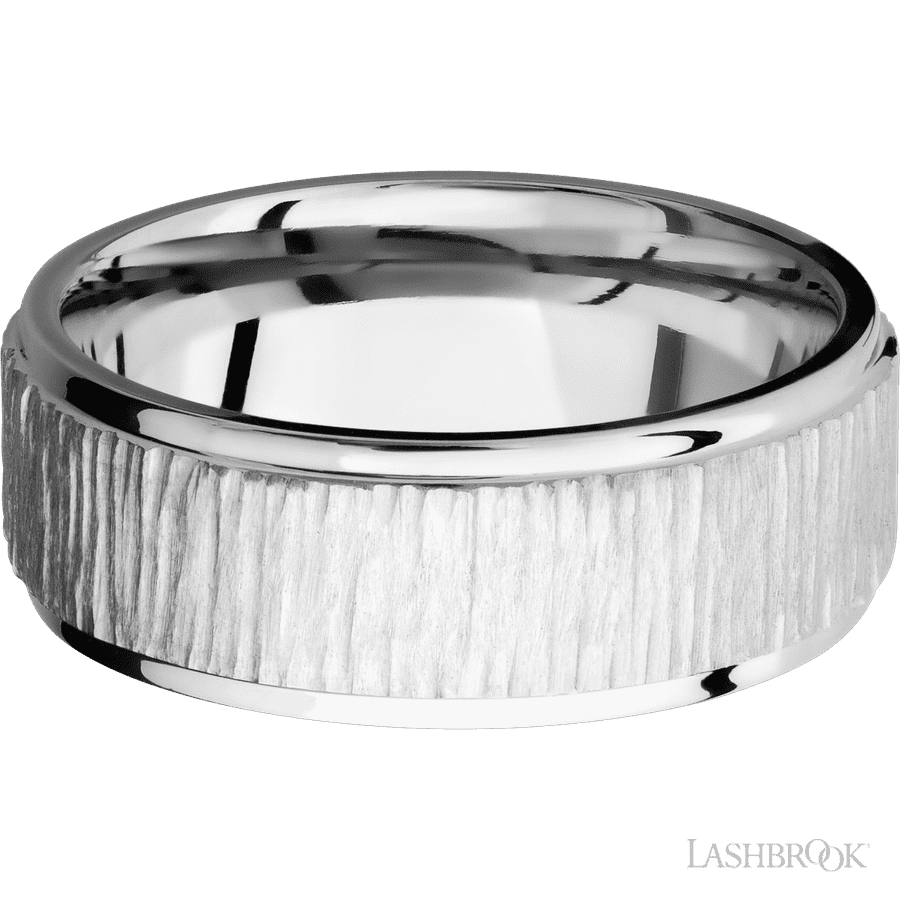 8 mm wide Flat Grooved Edges 14K White Gold band.