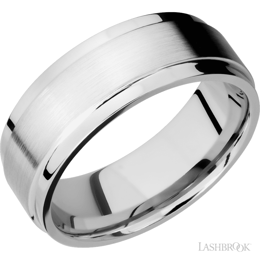 8 mm wide Flat Wide Grooved Edges 14K White Gold band.