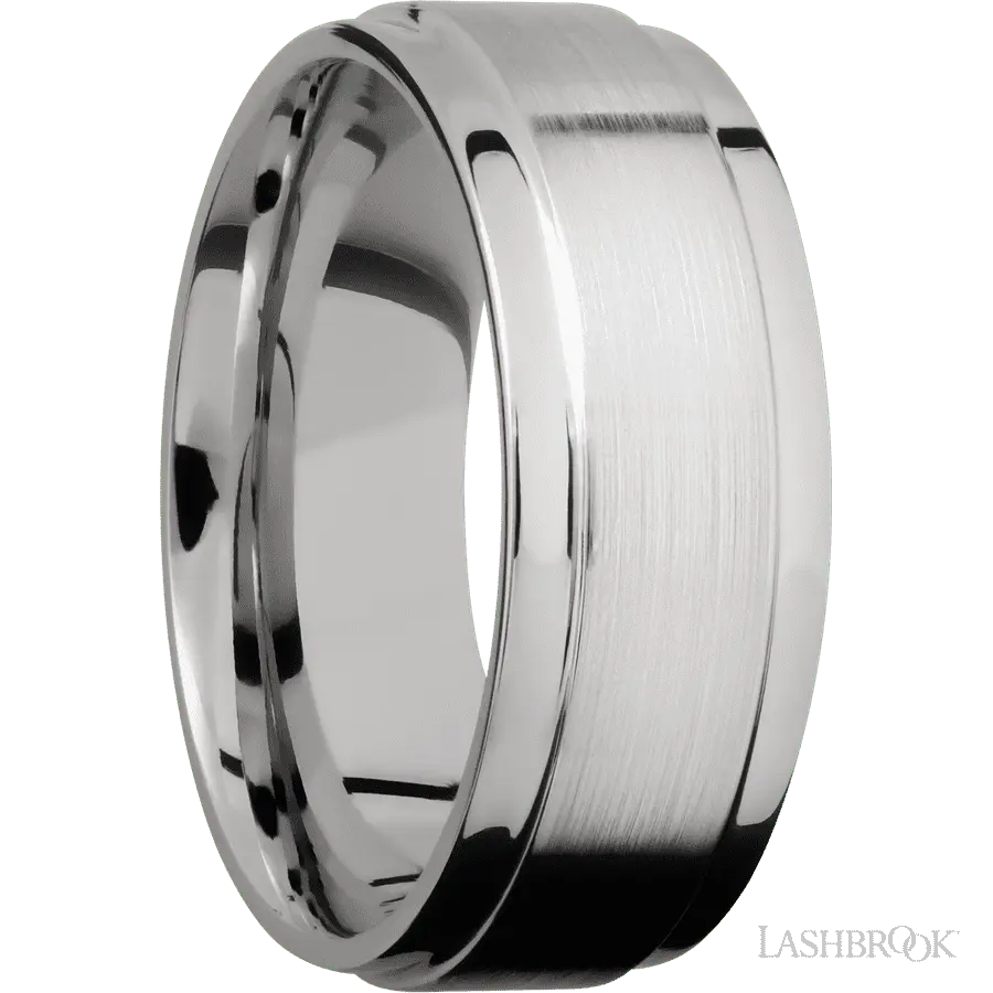 8 mm wide Flat Wide Grooved Edges 14K White Gold band.
