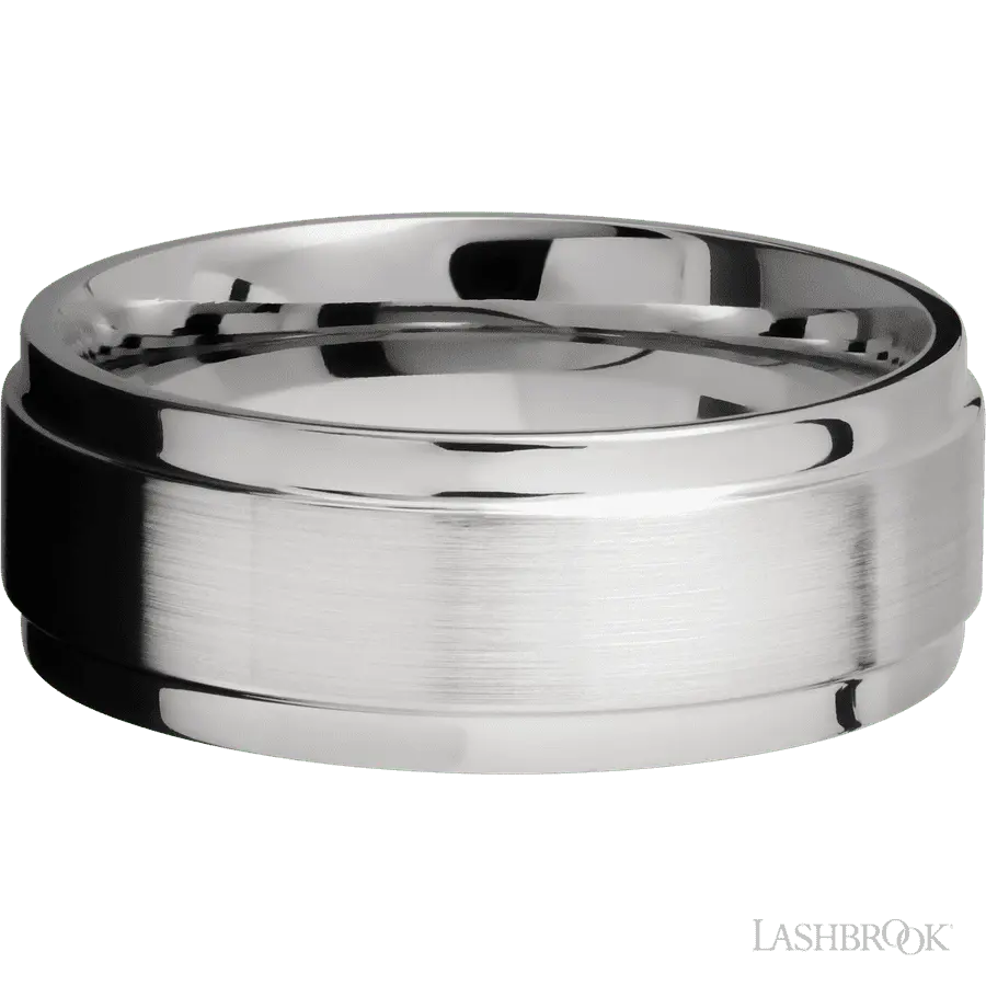 8 mm wide Flat Wide Grooved Edges 14K White Gold band.