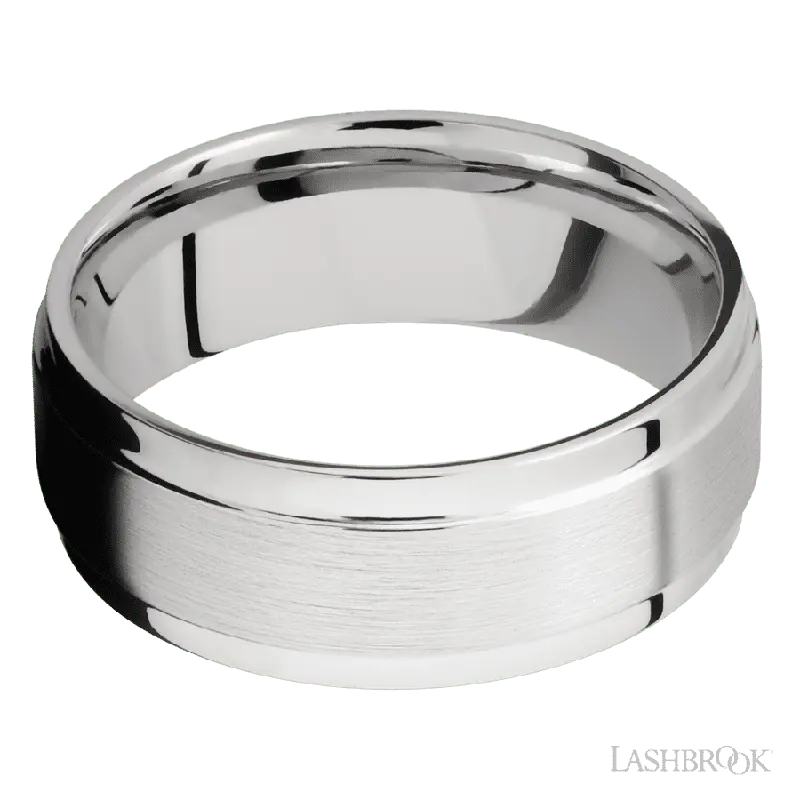 8 mm wide Flat Wide Grooved Edges 14K White Gold band.