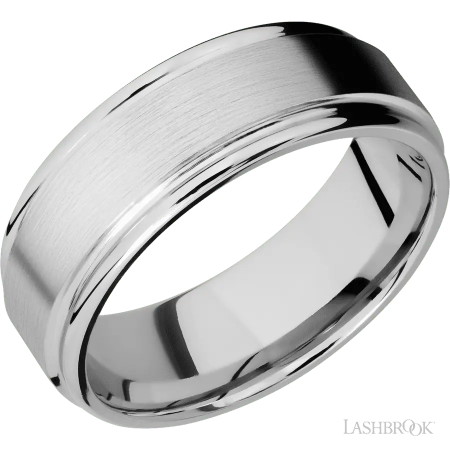 8 mm wide Flat Rounded Edges 14K White Gold band.