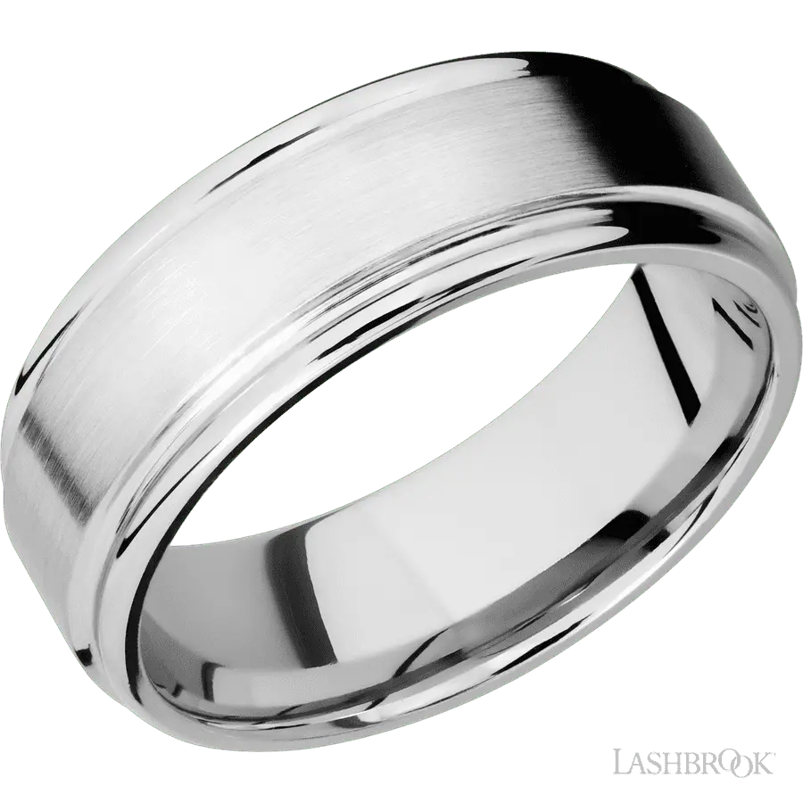 8 mm wide Flat Rounded Edges 14K White Gold band.