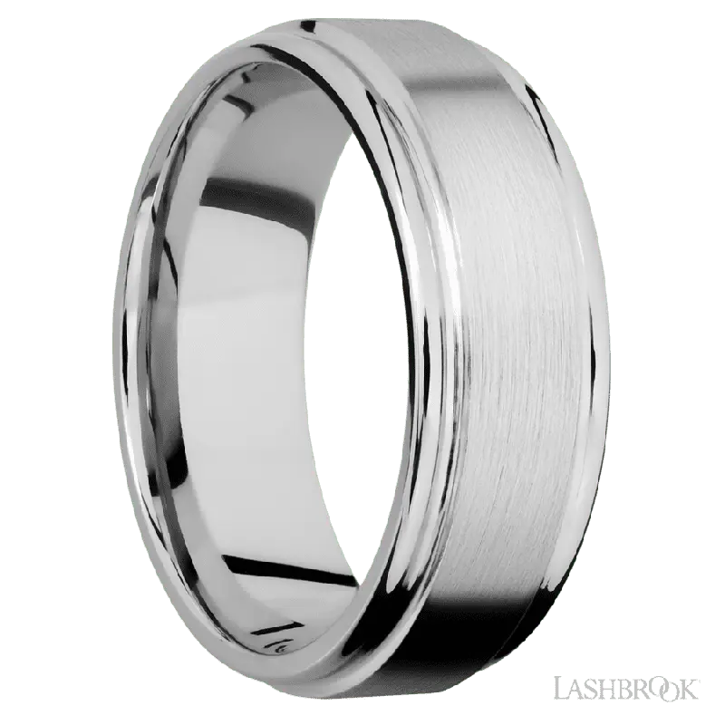 8 mm wide Flat Rounded Edges 14K White Gold band.