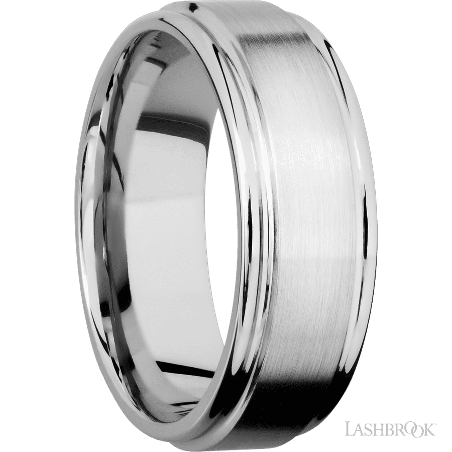 8 mm wide Flat Rounded Edges 14K White Gold band.